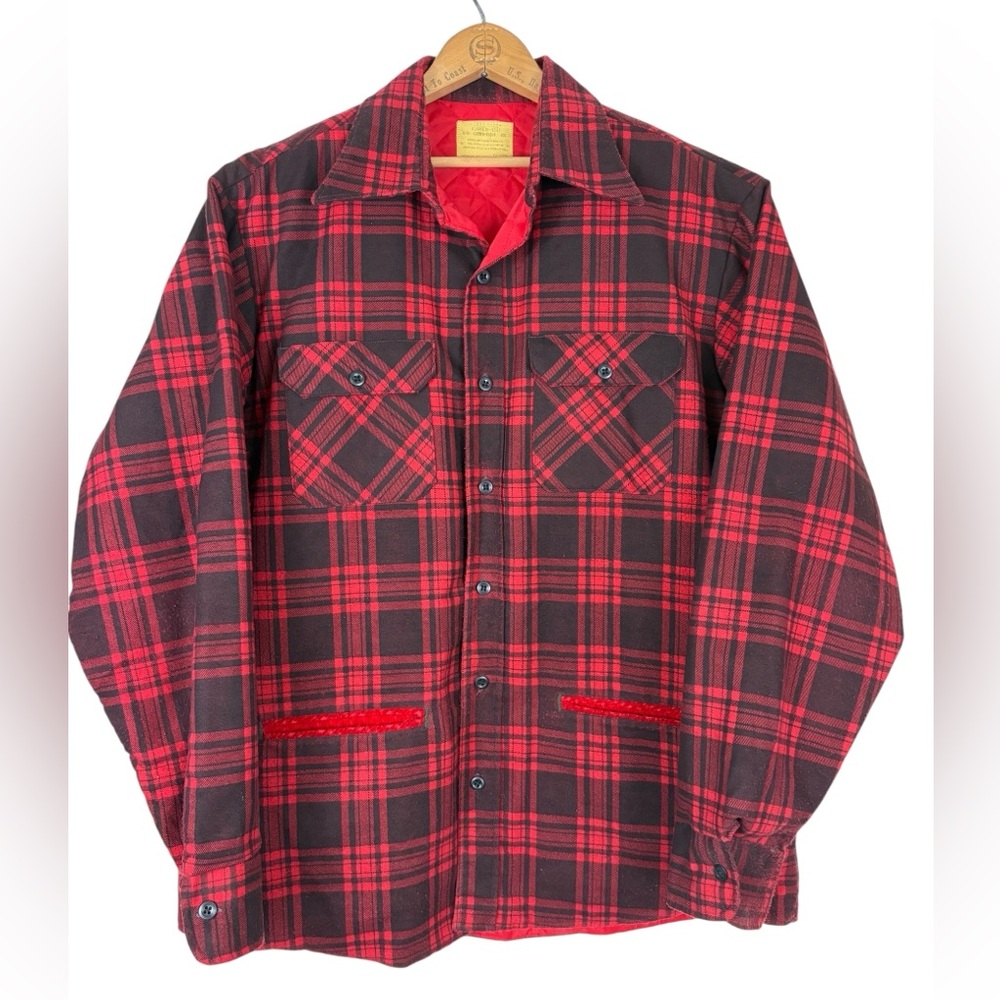 VTG 70s Sears Red Black Buffalo Plaid Quilted Button Down Shirt Shacket XL